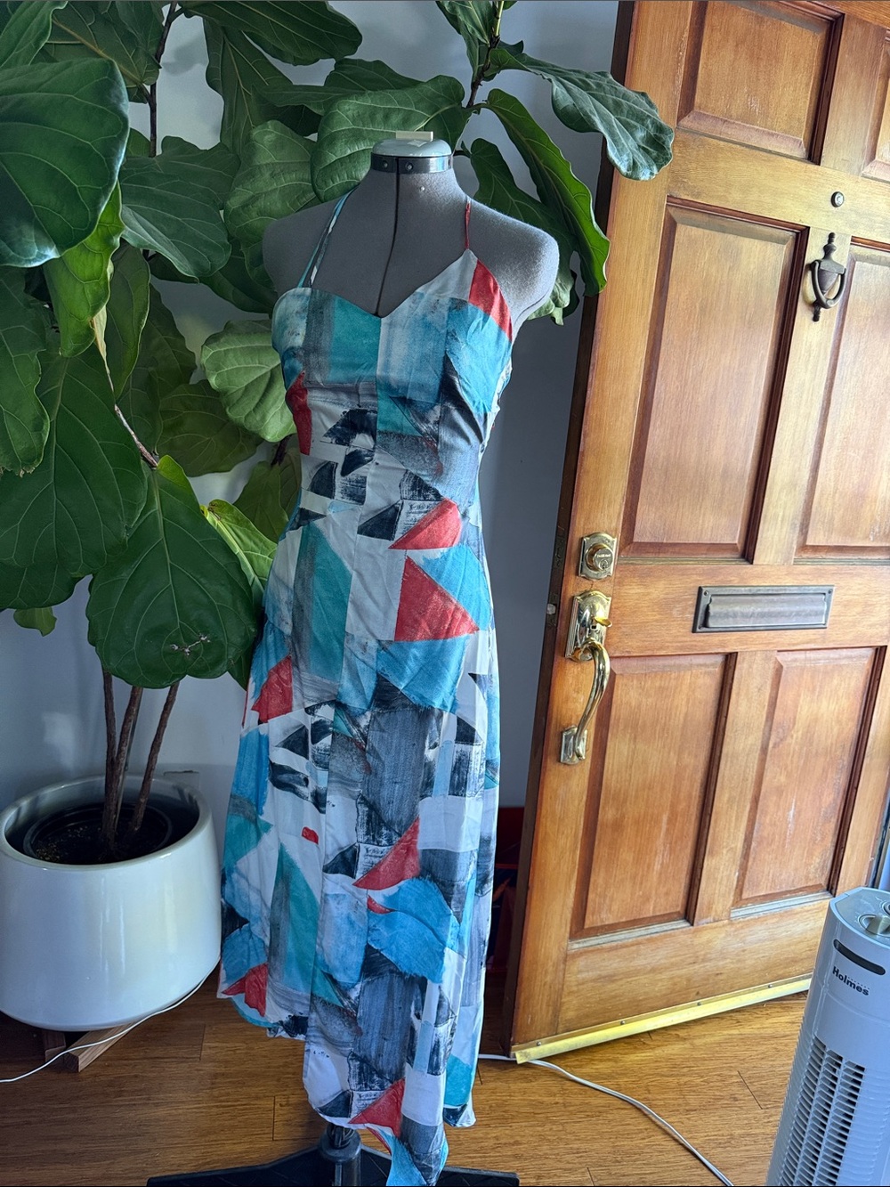 Catherine Gee Abstract Geo-Print Halter Maxi Dress Silk
